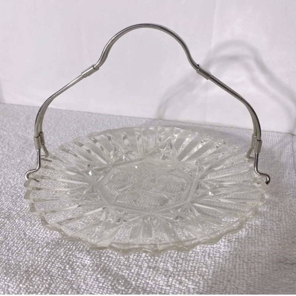 Vintage Clear Cut  Glass Serving Dish With Removable Metal Handle